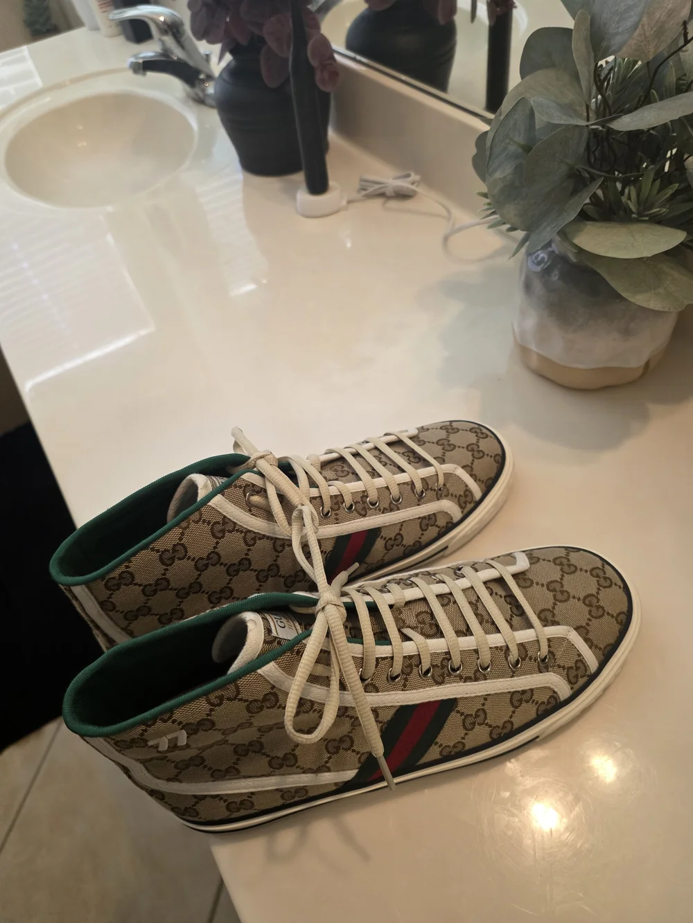Gucci High-Top GG Canvas Sneakers in Beige with Green Trim